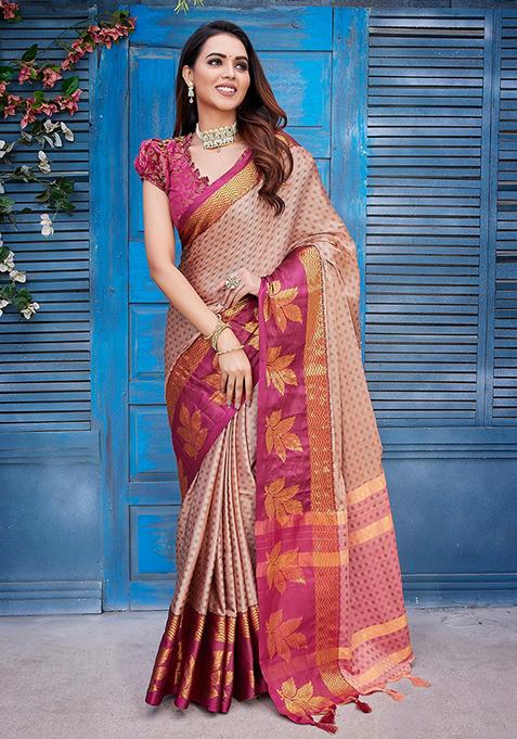 Peach Woven Aura Silk Saree Set