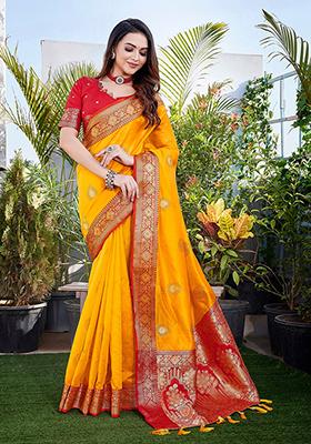 Yellow Woven Pure Zari Silk Saree Set