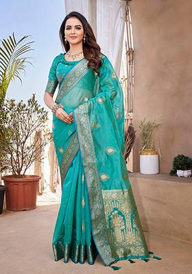 Rama Green Woven Pure Zari Silk Saree Set