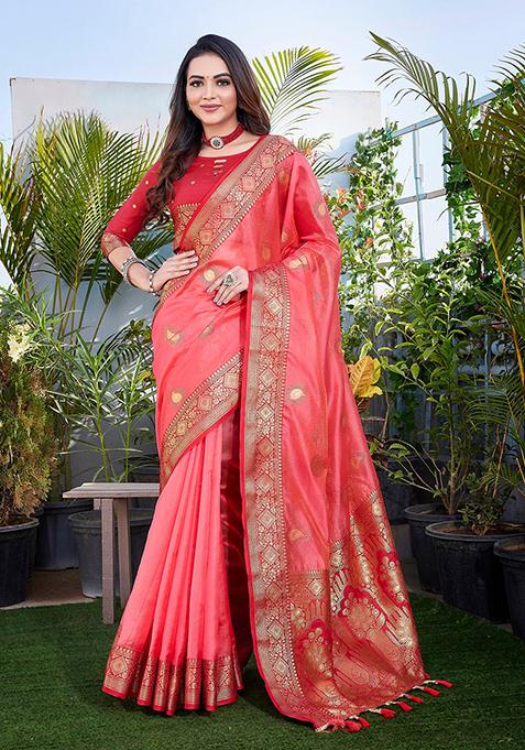 Pink Woven Pure Zari Silk Saree Set