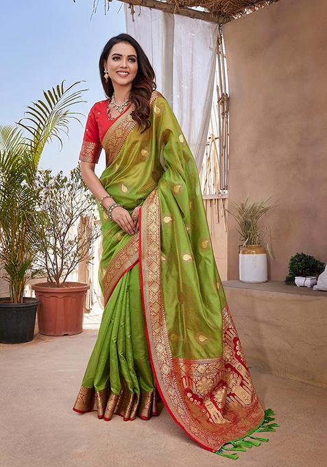 Green Woven Pure Zari Silk Saree Set