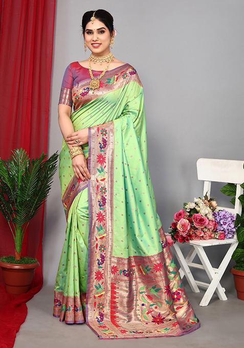 Dark Parrot Green Woven Paithani Silk Saree Set