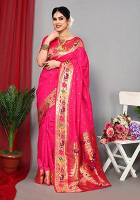 Pink Woven Paithani Silk Saree Set