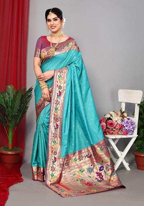 Rama Green Woven Paithani Silk Saree Set