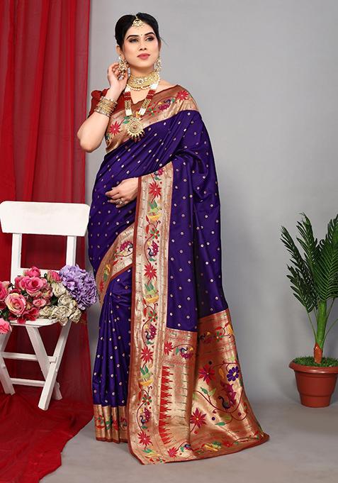 Blue Woven Paithani Silk Saree Set