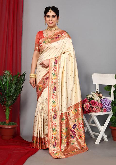 Off White Woven Paithani Silk Saree Set