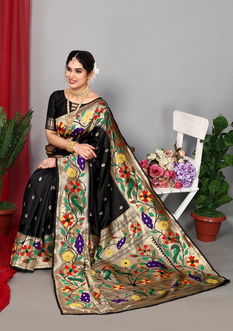 Black Woven Paithani Silk Saree Set - Indya
