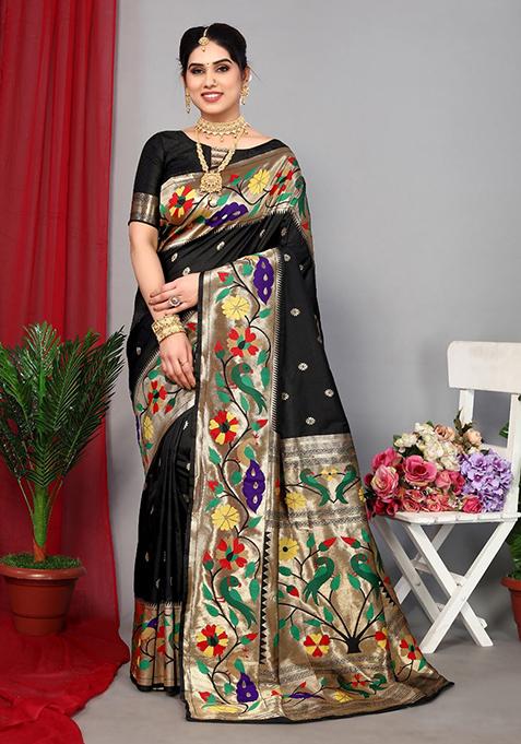 Black Woven Paithani Silk Saree Set