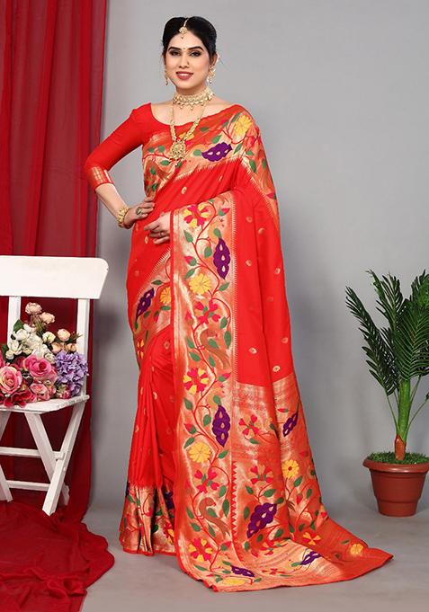 Red Woven Paithani Silk Saree Set