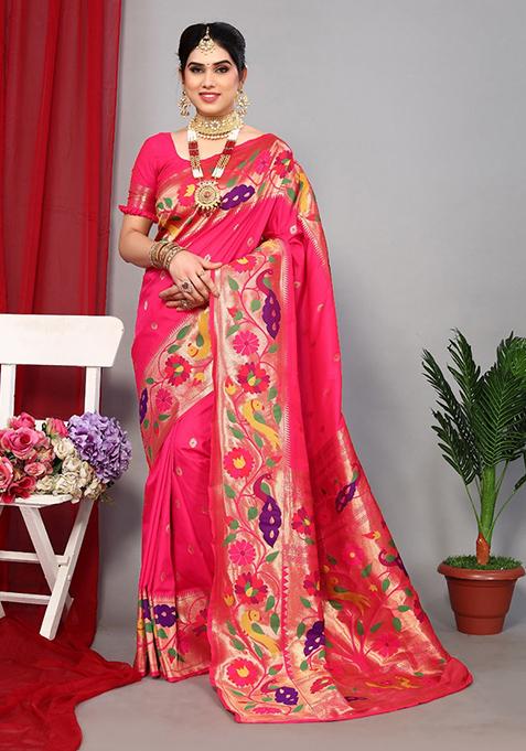 Pink Woven Paithani Silk Saree Set