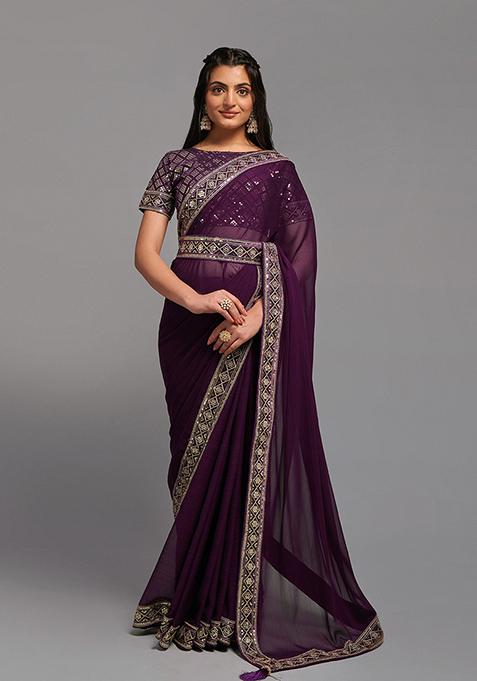 Wine Embroidered Chinon Saree Set