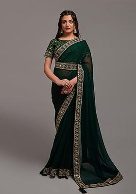 Green Embroidered Chinon Saree Set