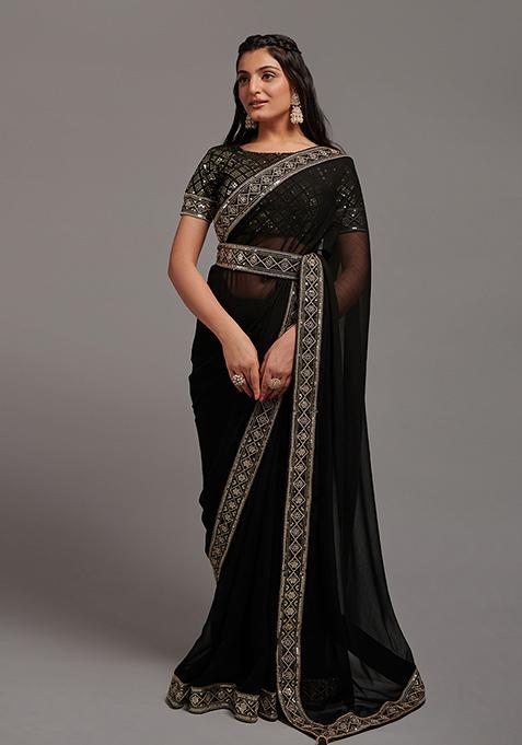 Black Embroidered Chinon Saree Set
