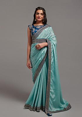 Sky Blue Embroidered Chinon Saree Set