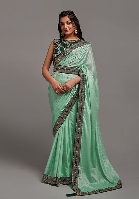 Pista Embroidered Chinon Saree Set