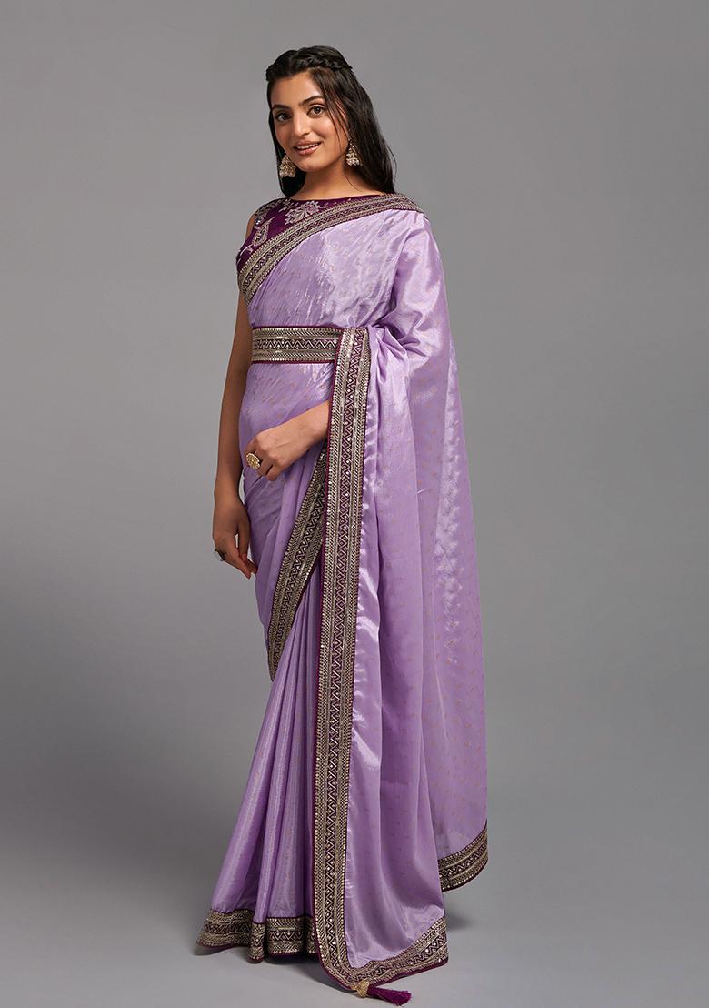 Onion Pink Embroidered Chinon Saree Set - Indya