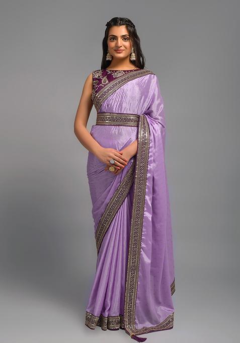 Onion Pink Embroidered Chinon Saree Set