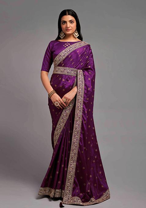 Wine Embroidered Chinon Saree Set