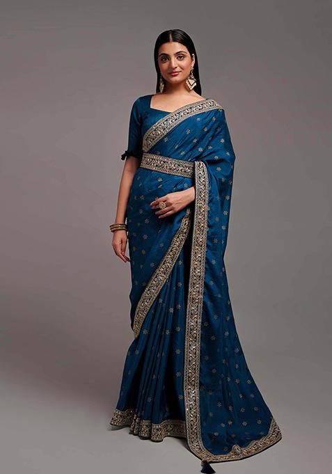 Petrol Blue Embroidered Chinon Saree Set