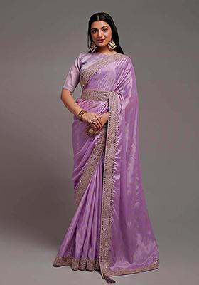 Onion Pink Embroidered Chinon Saree Set
