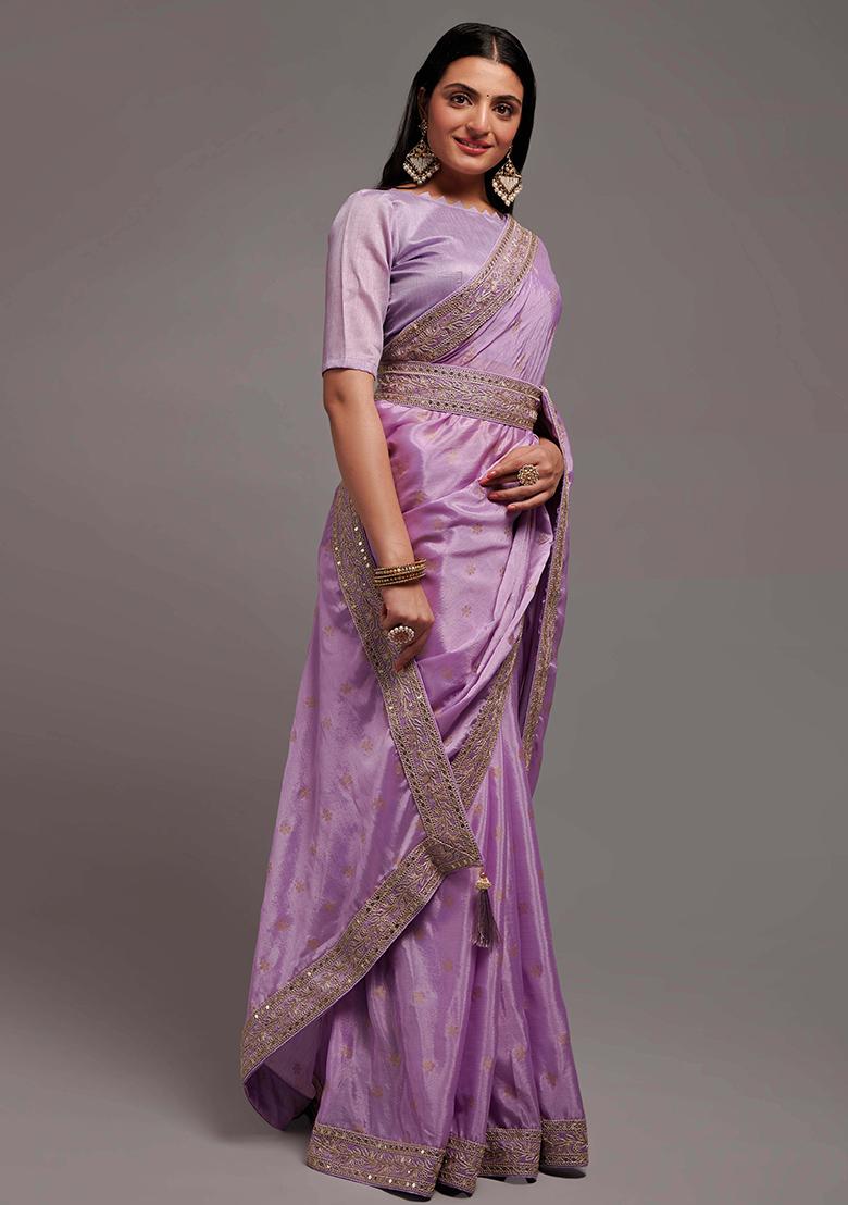 Onion Pink Embroidered Chinon Saree Set - Indya