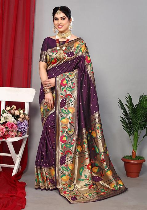 Purple Woven Paithani Silk Saree Set