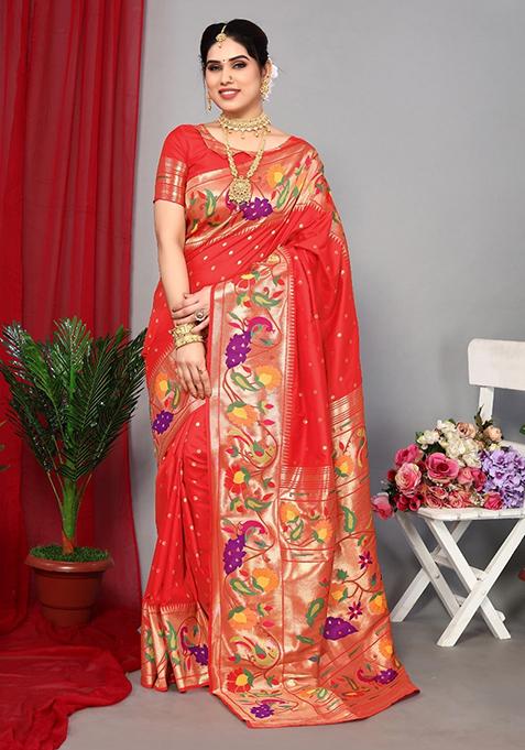 Orange Woven Paithani Silk Saree Set