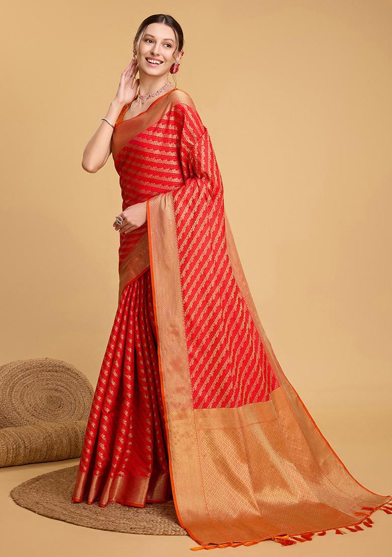 Orange Woven Patola Silk Saree Set - Indya