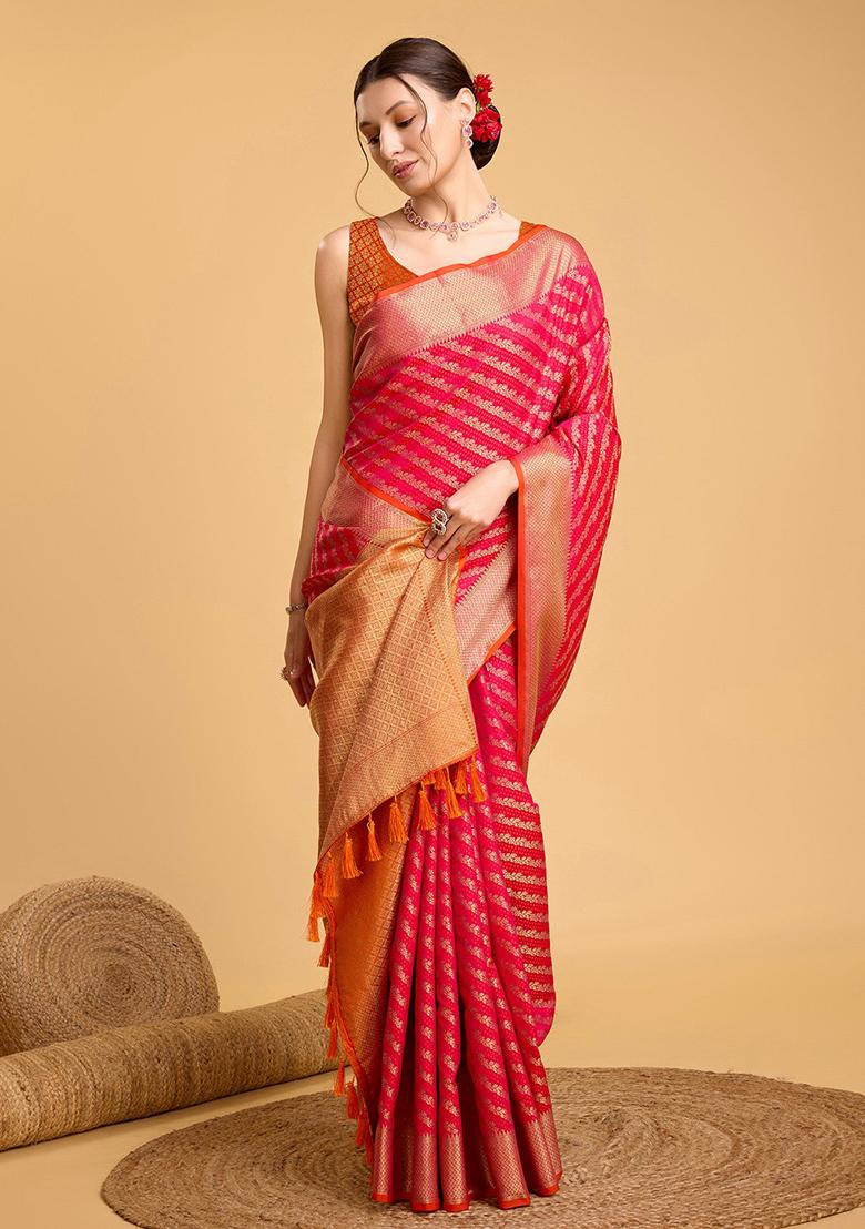 Pink Woven Patola Silk Saree Set