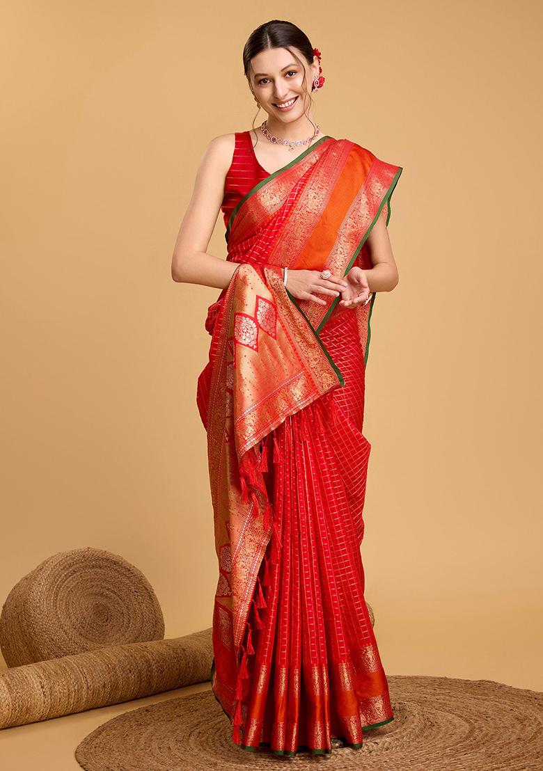 Orange Woven Banarasi Silk Saree Set - Indya