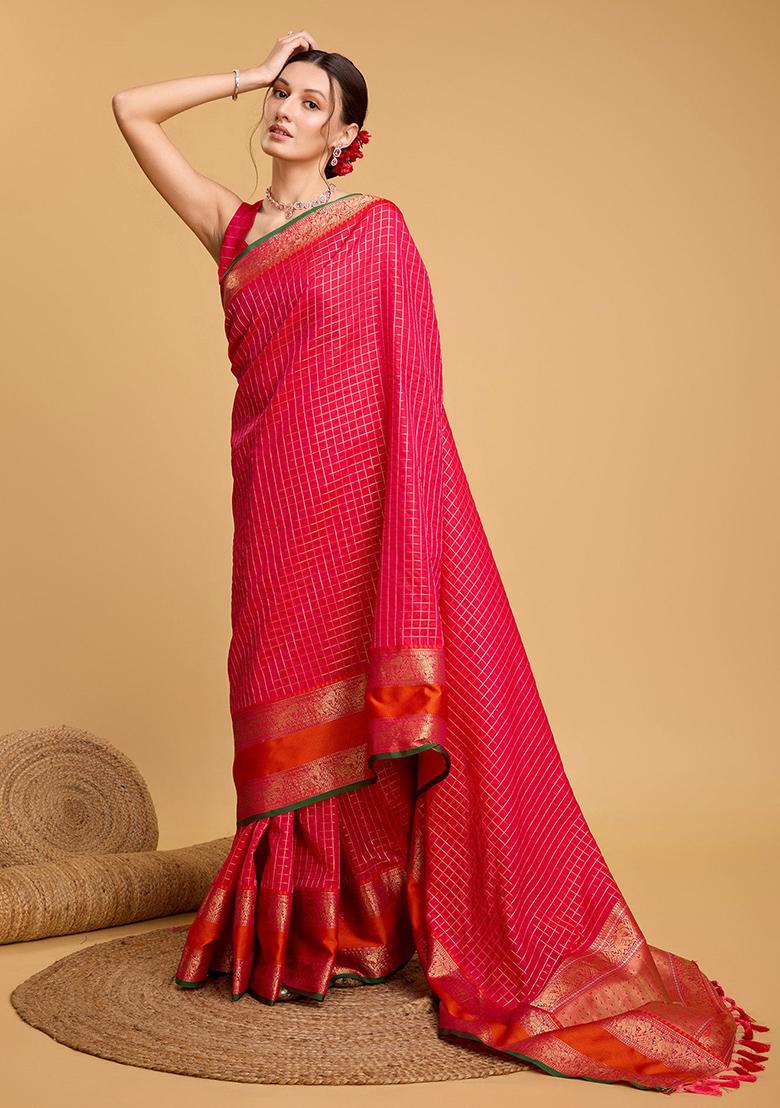 Pink Woven Banarasi Silk Saree Set