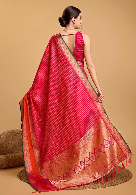Pink Woven Banarasi Silk Saree Set