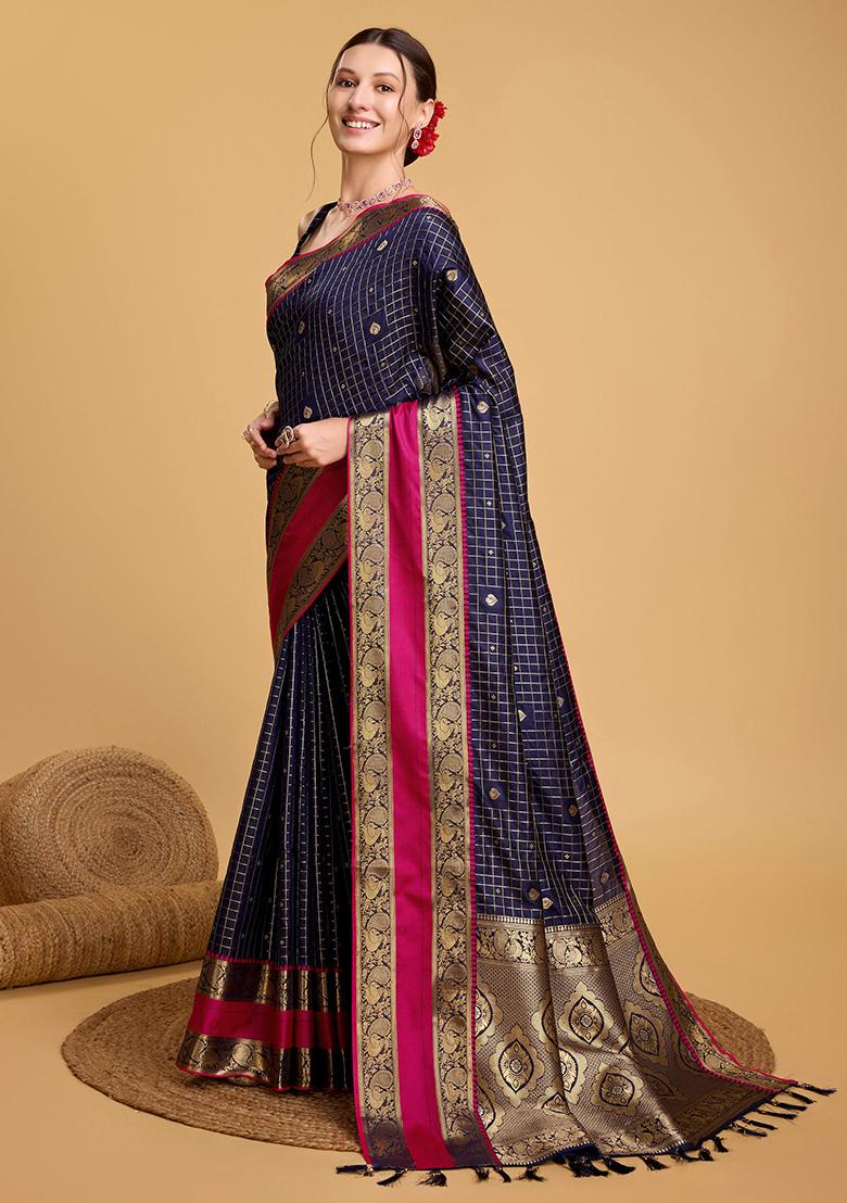 Dark Blue Woven Banarasi Silk Saree Set