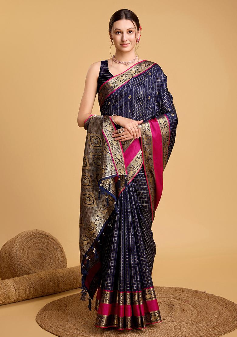 Dark Blue Woven Banarasi Silk Saree Set