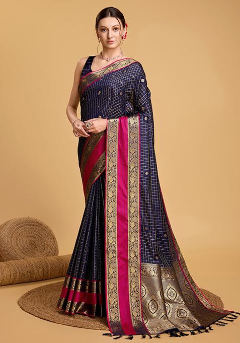 Dark Blue Woven Banarasi Silk Saree Set