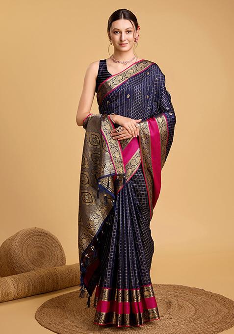 Dark Blue Woven Banarasi Silk Saree Set