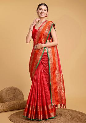 Orange Woven Banarasi Silk Saree Set