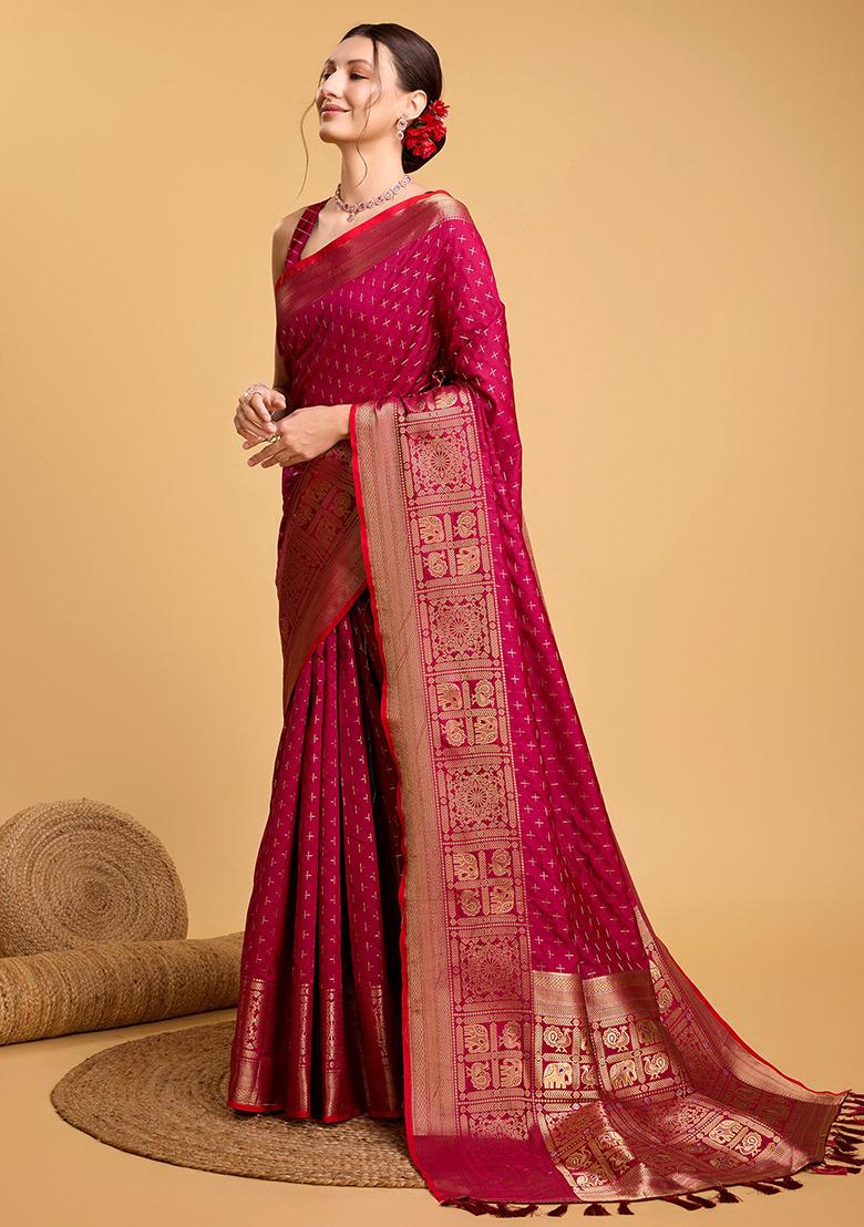 Red Woven Banarasi Silk Saree Set