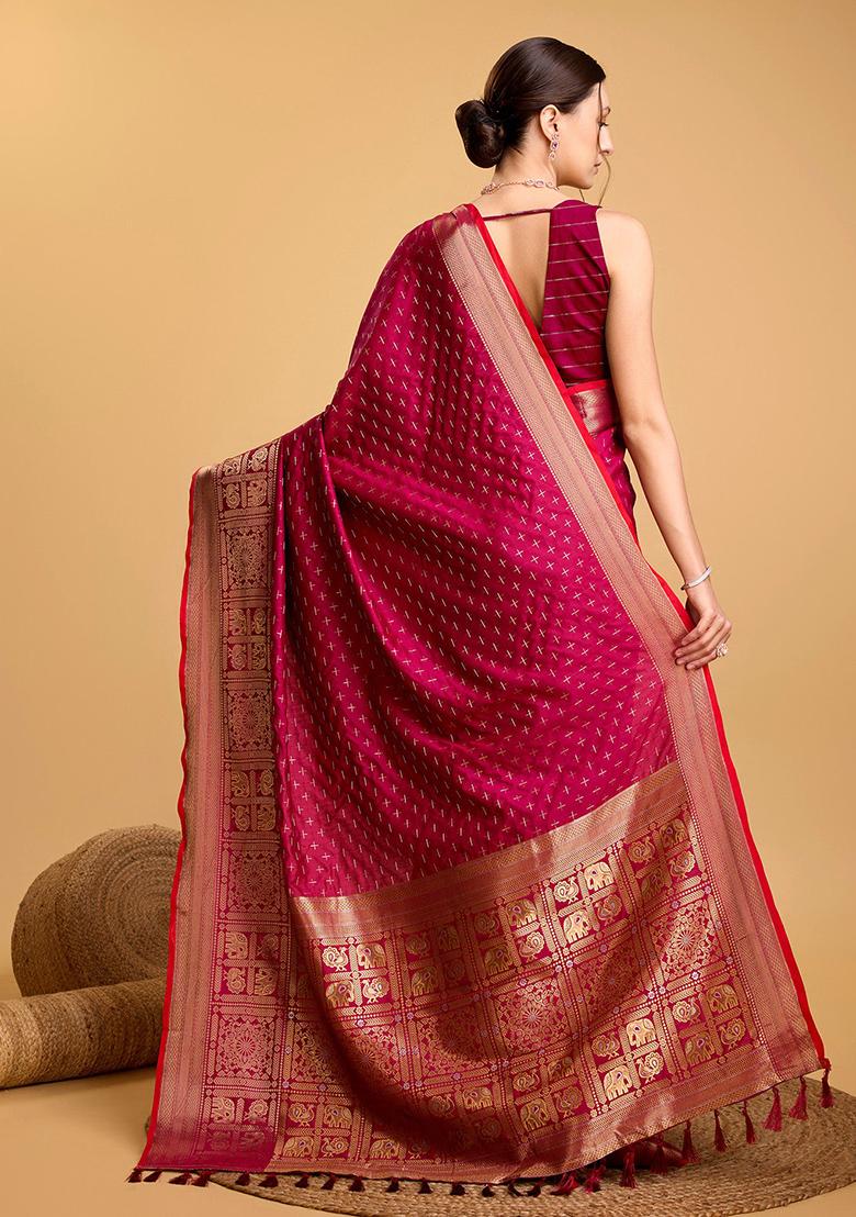 Red Woven Banarasi Silk Saree Set