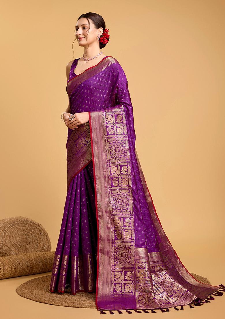 Purple Woven Banarasi Silk Saree Set