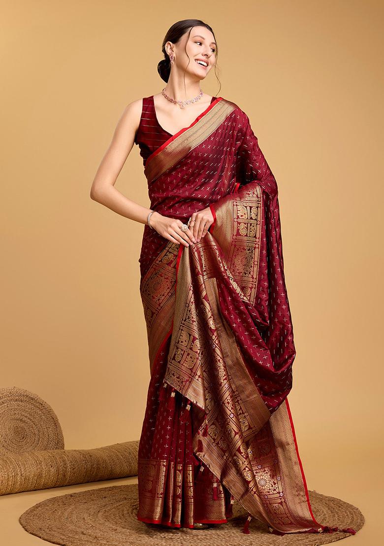 Maroon Woven Banarasi Silk Saree Set - Indya