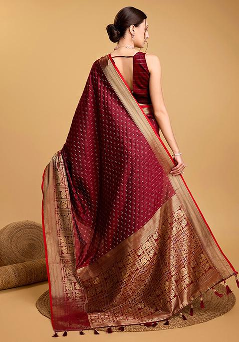 Maroon Woven Banarasi Silk Saree Set
