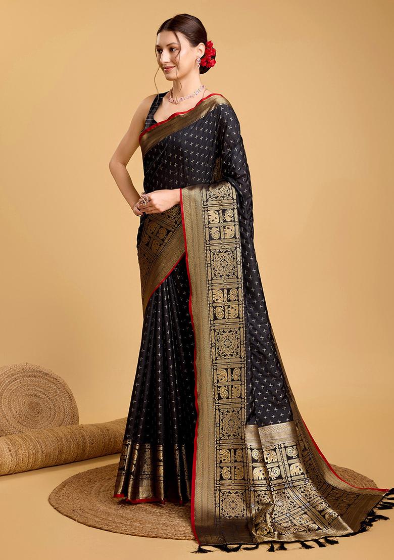 Black Woven Banarasi Silk Saree Set