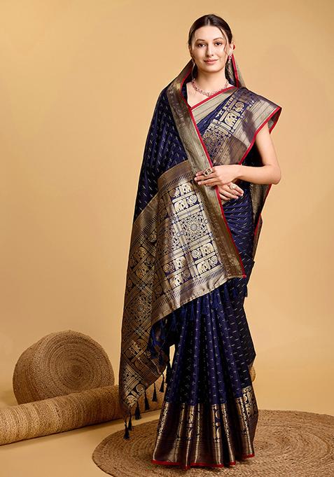 Blue Woven Banarasi Silk Saree Set