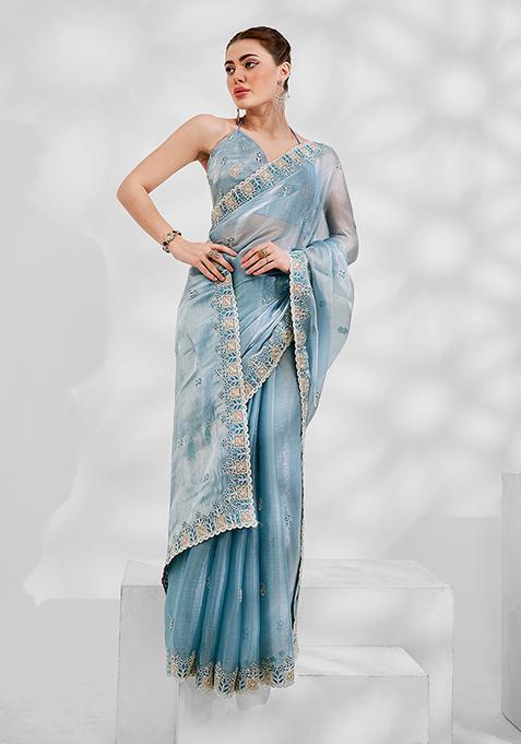 Turquoise Embroidered Premium Organza Saree Set