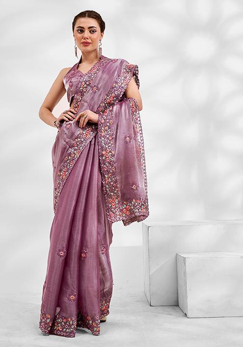 Lavender Embroidered Premium Organza Saree Set