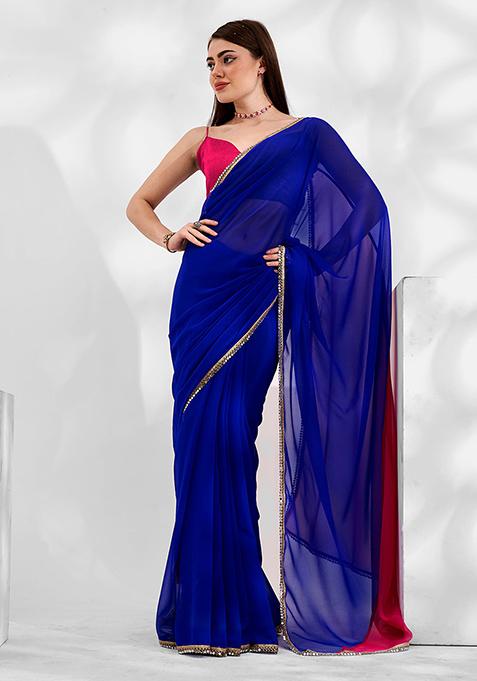 Blue And Pink Georgette Saree Set