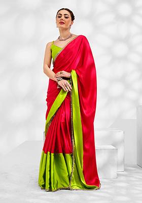 Red And Parrot Green Satin Silk Saree Set