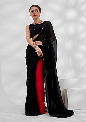 Black And Red Georgette Saree Set