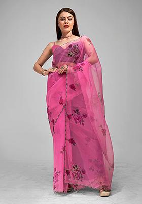 Pink Printed Organza Silk Saree Set